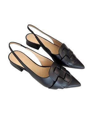 M. Gemi Woven Slingback Pointed Toe Kitten Heel Shoes Black Leather Size 36